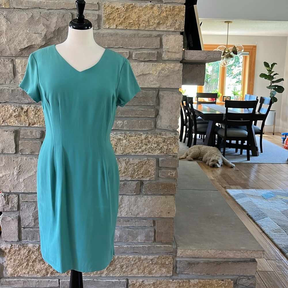 Vintage Valerie Dresses Pure Silk Elegant Teal Shift Dress Size 10
